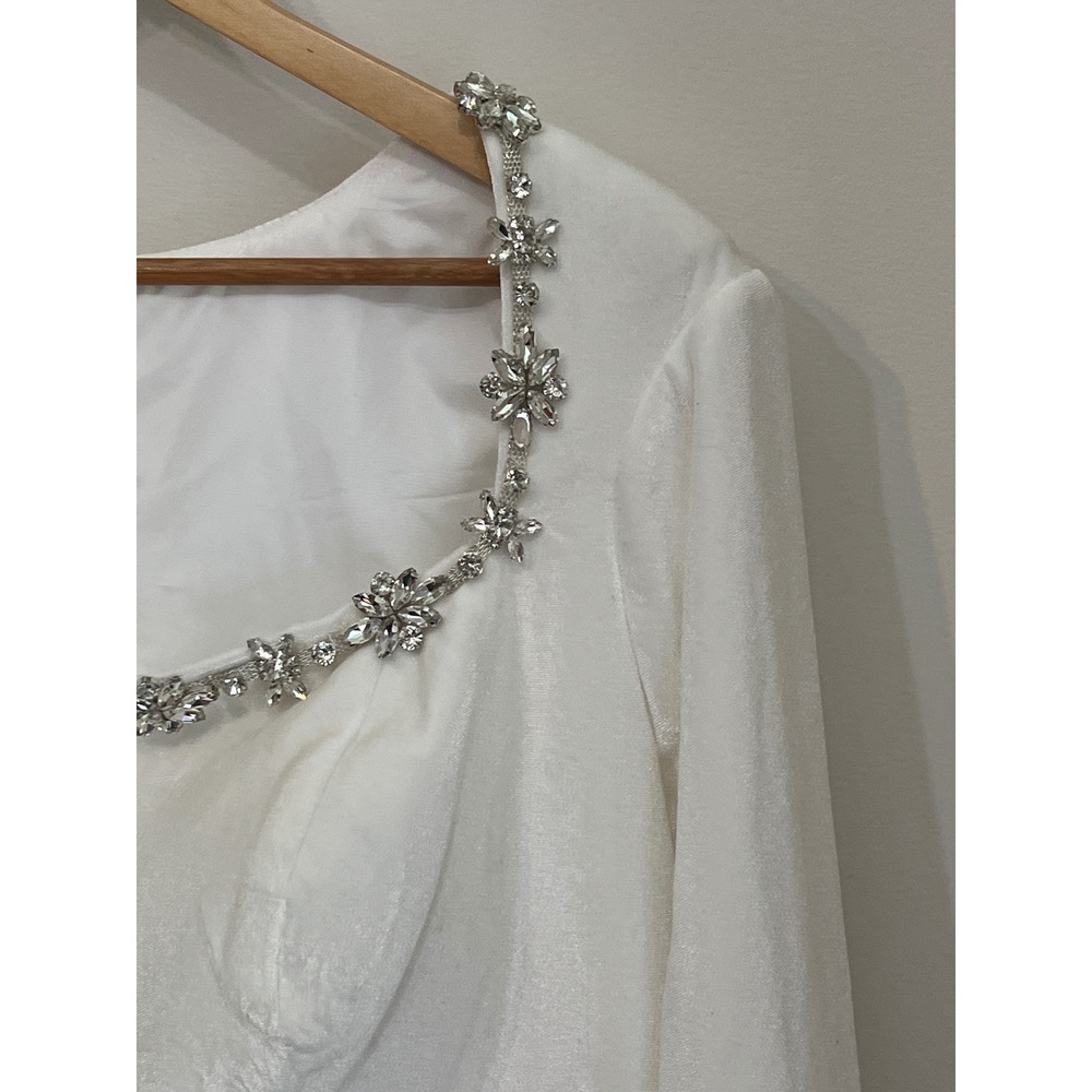 White Velvet Long Sleeve Mini Dress Bejewelled Sweetheart Neckline Plus Size 18W